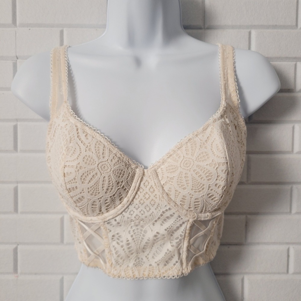 Victorias Secret Dream Angels Lace Longline Bra Top Bustier 34D Cream Coquette